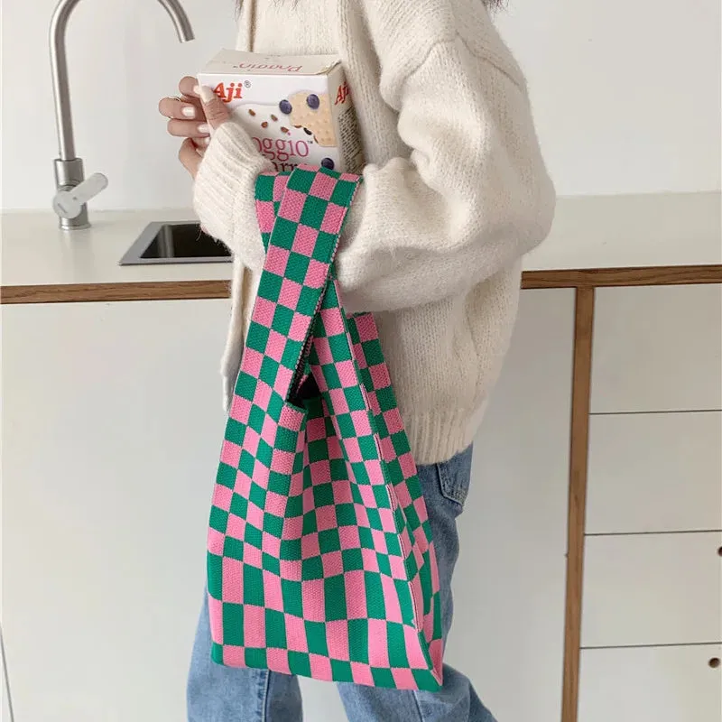 High Capacity Knitted Plaid Bag All-match Minimalist Vest Bag Reusable Groceries Eco Storage Bag Woman Korean Shoulder Handbags