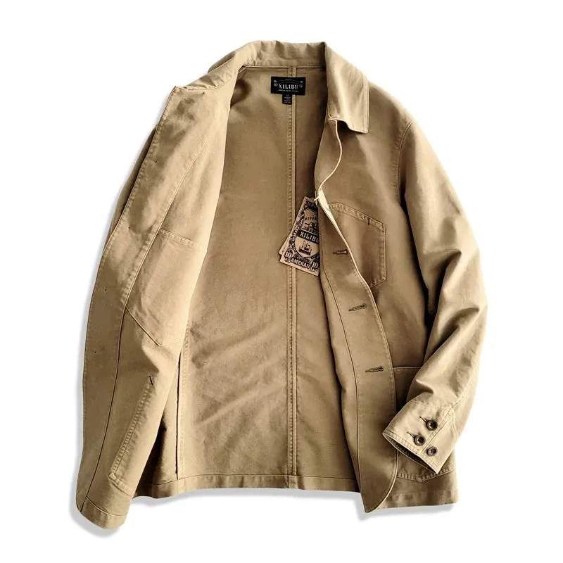 Khaki Safari Style Vintage Male Blazer with Multi-pockets