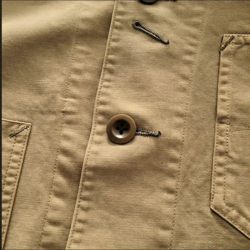 Khaki Safari Style Vintage Male Blazer with Multi-pockets