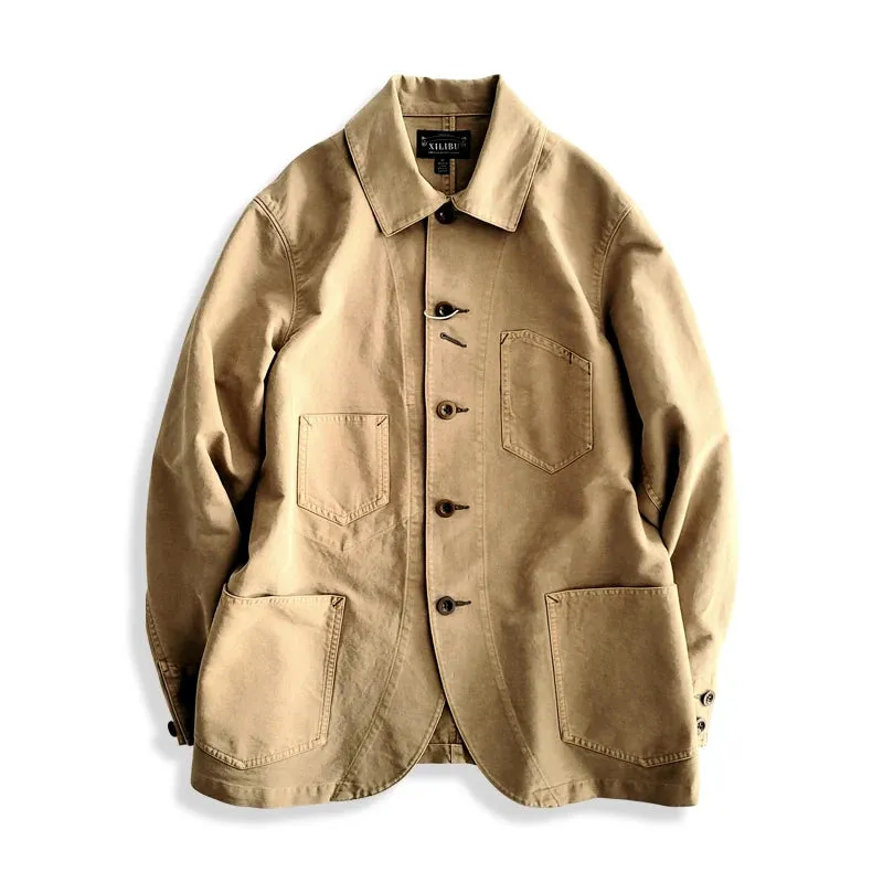 Khaki Safari Style Vintage Male Blazer with Multi-pockets