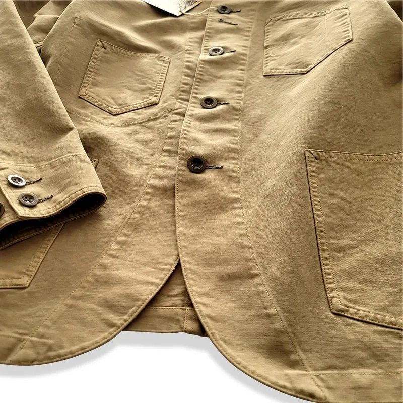 Khaki Safari Style Vintage Male Blazer with Multi-pockets