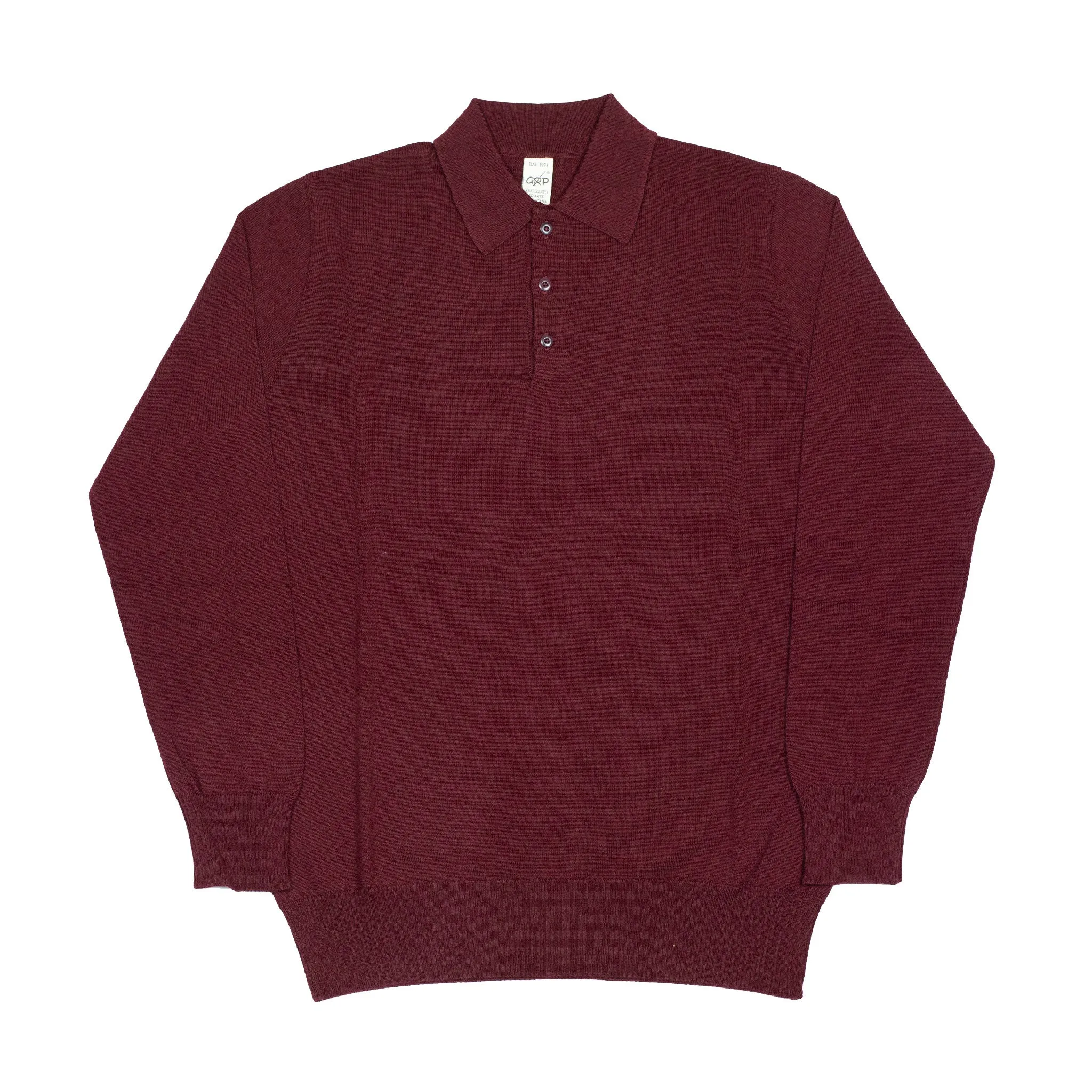 Knit long sleeve polo in burgundy merino wool (restock)