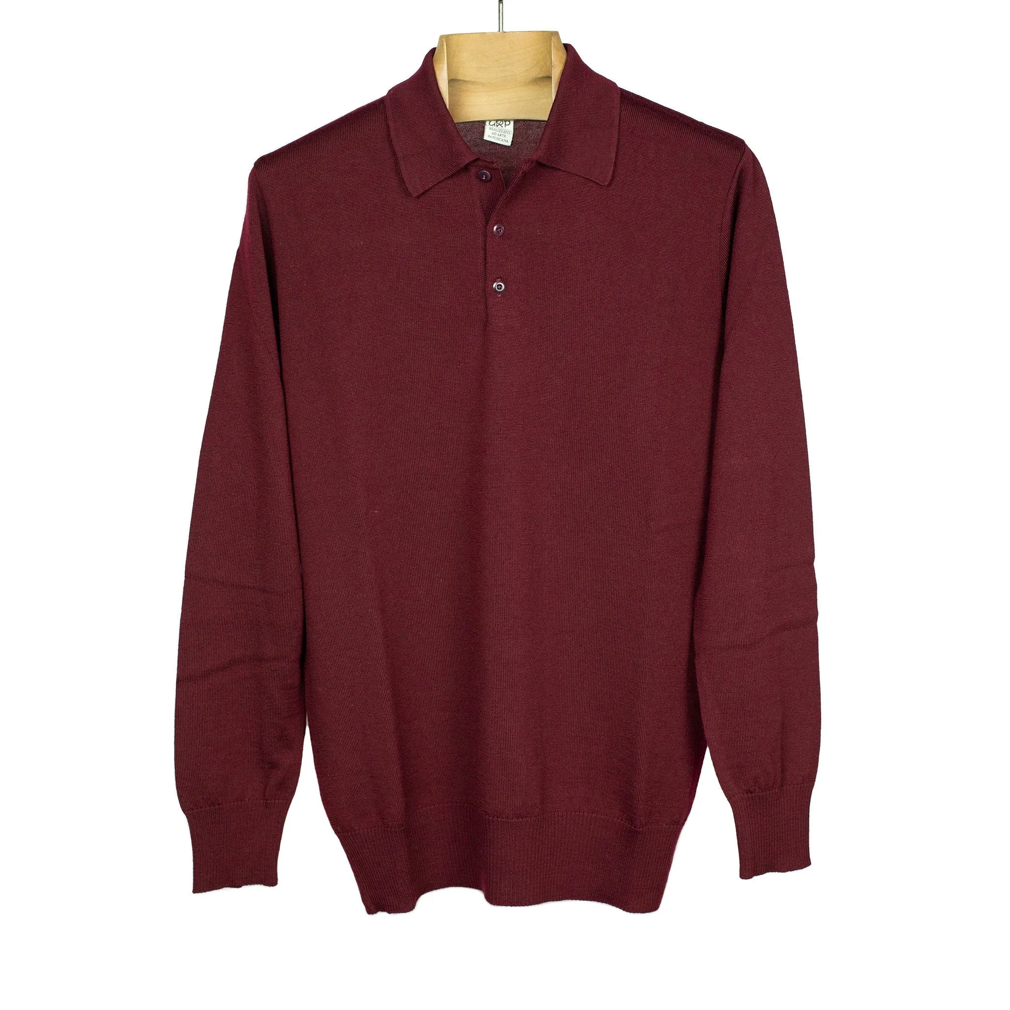 Knit long sleeve polo in burgundy merino wool (restock)