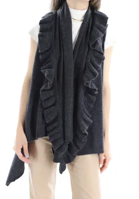 La Fiorentina Knitted Charcoal Grey Vest with Ruffles - Wool/Cashmere Blend - One Size (90 x 146 cm)