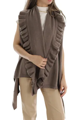 La Fiorentina Knitted Taupe Vest with Ruffles - Wool/Cashmere Blend - One Size (90 x 146 cm)