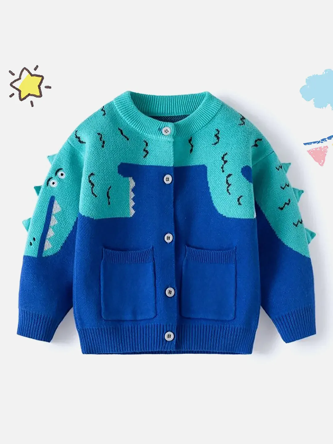 Little Surprise Box Turquoise Blue Dinosaur Cardigan/Warmer/Sweater for Toddlers & Kids