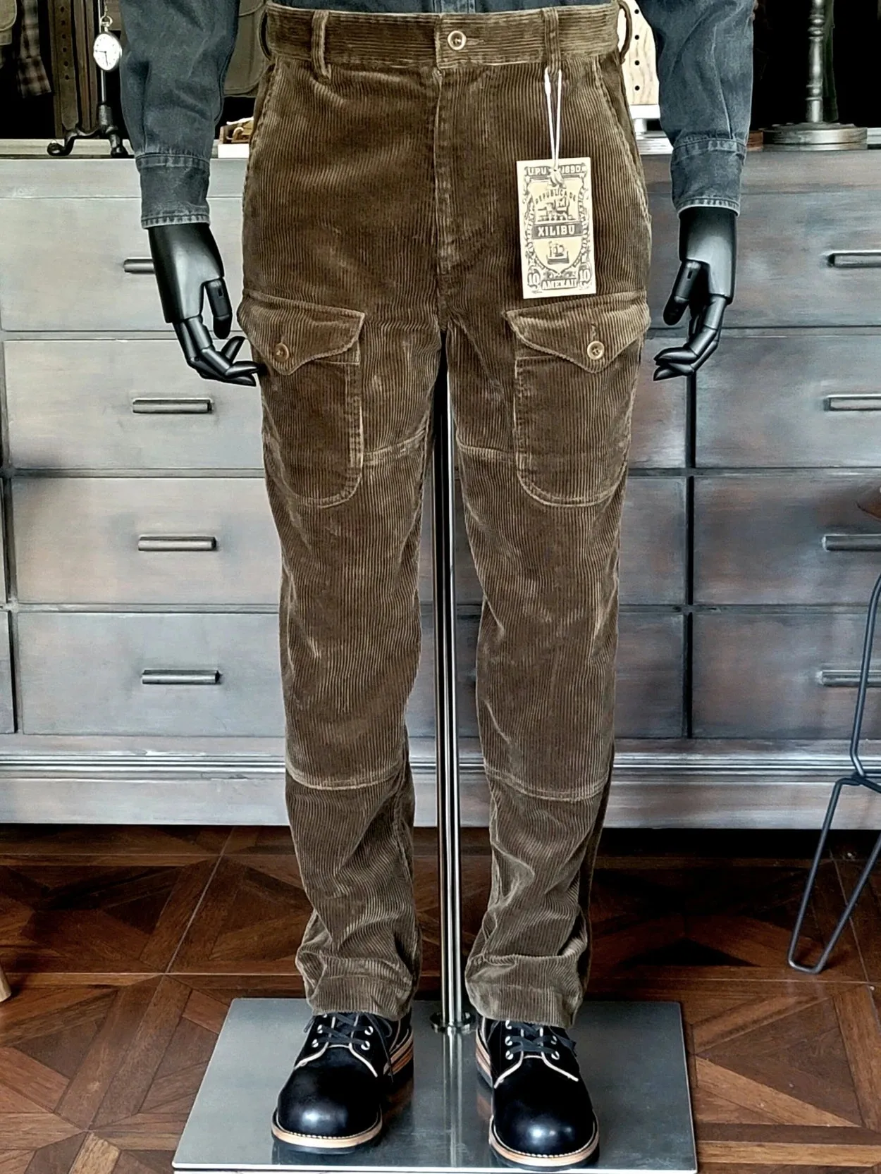 Men's Corduroy Pants with Multi-pockets and Buckleback - Straight Safari Style