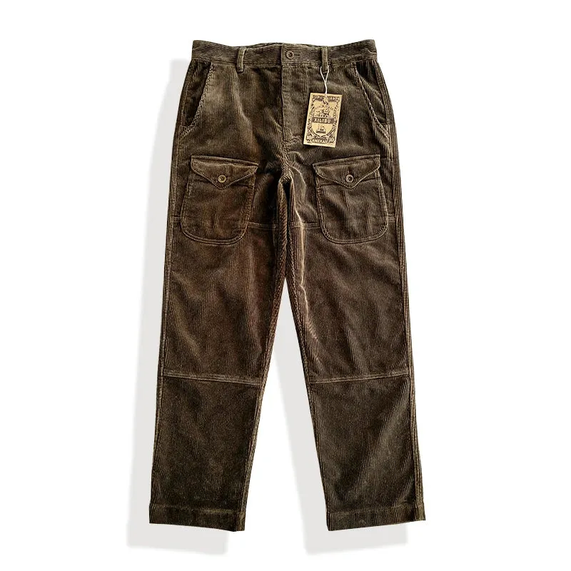 Men's Corduroy Pants with Multi-pockets and Buckleback - Straight Safari Style