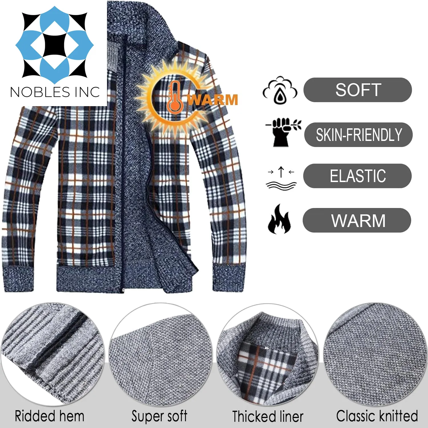 Men'S Sweaters Full Zip Slim Thick Knitted Cardigan Sweaters Jacket with Pockets