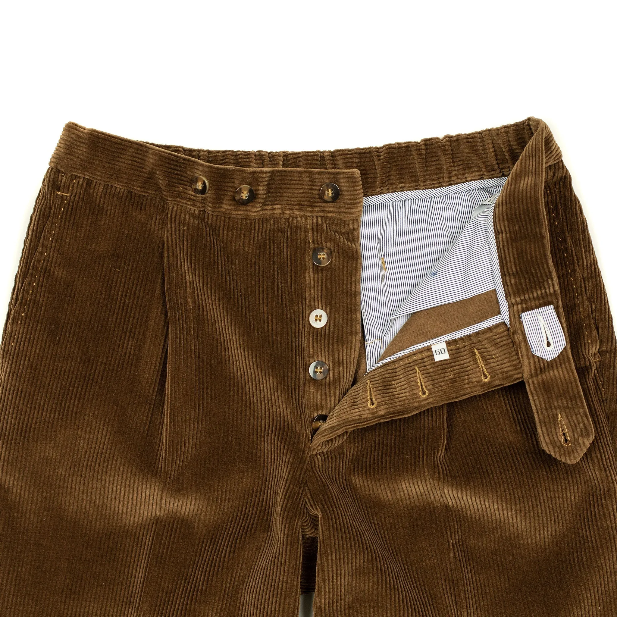 Pleated easy pants in tobacco brown Brisbane Moss cotton corduroy (restock)