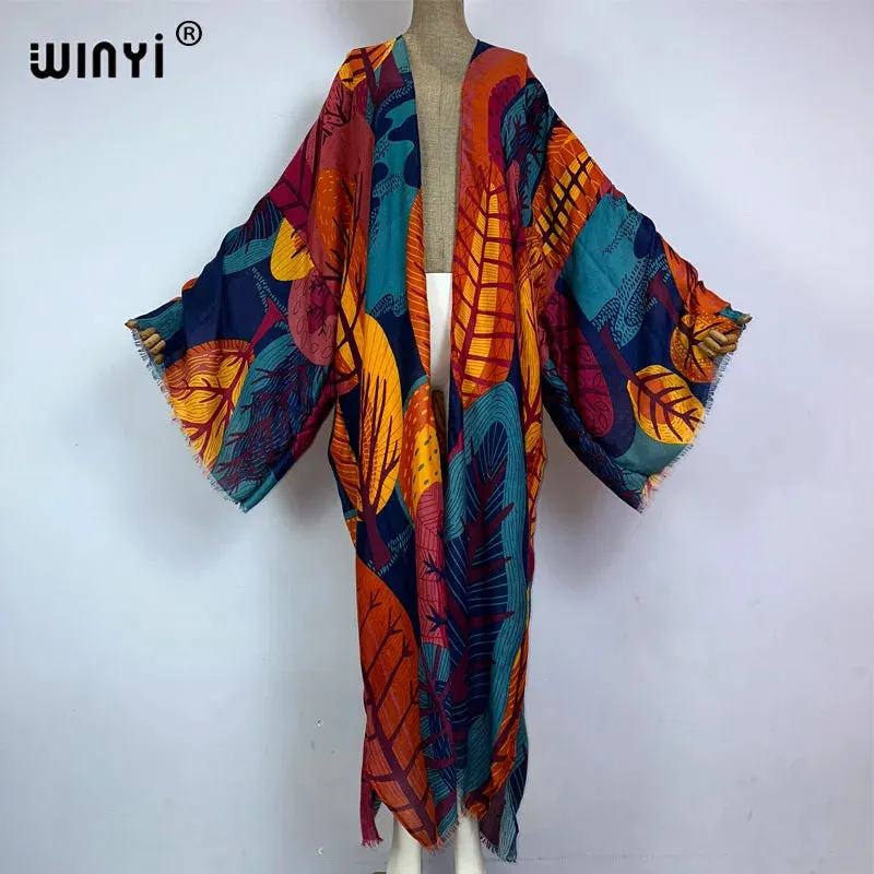 Pre Order: Vibrant Leaf Print Kimono Cardigan - WINI