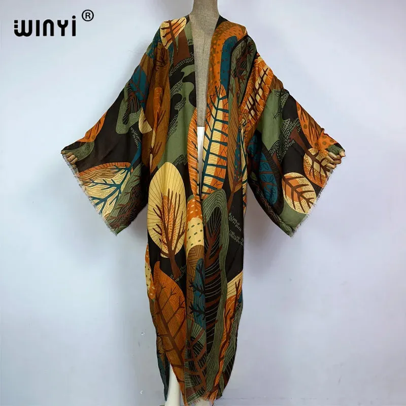 Pre Order: Vibrant Leaf Print Kimono Cardigan - WINI