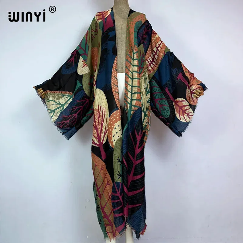 Pre Order: Vibrant Leaf Print Kimono Cardigan - WINI