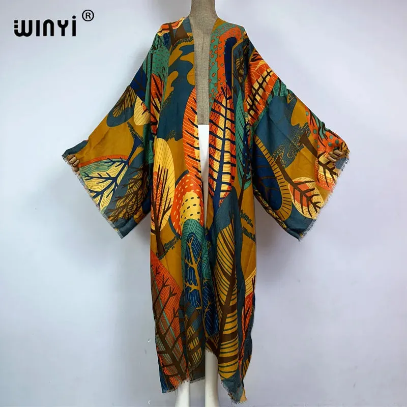 Pre Order: Vibrant Leaf Print Kimono Cardigan - WINI