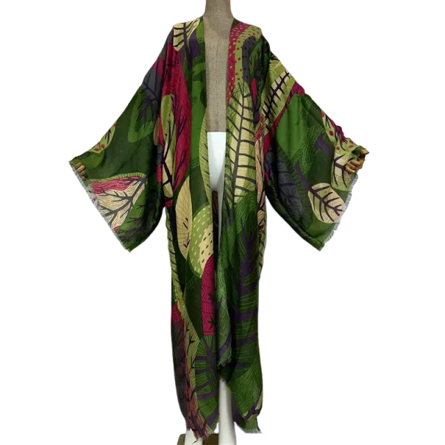 Pre Order: Vibrant Leaf Print Kimono Cardigan - WINI