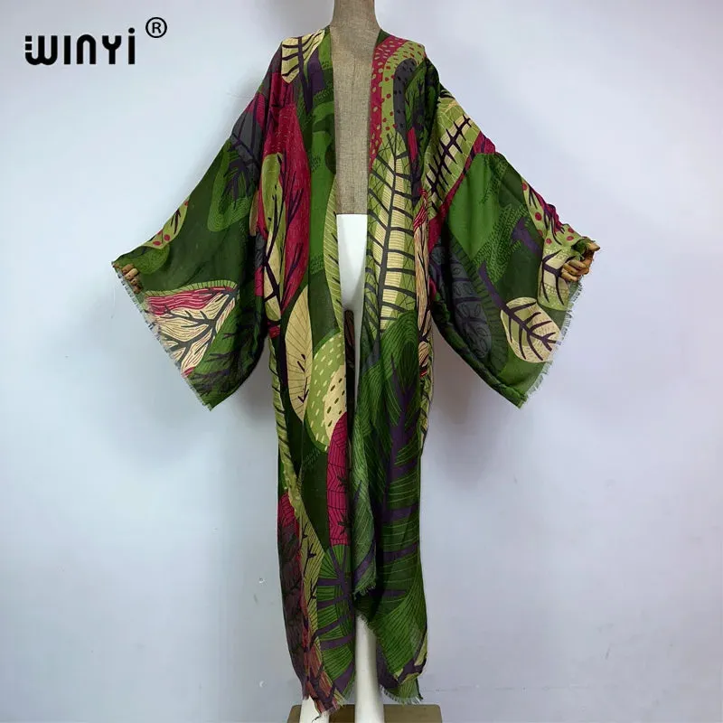 Pre Order: Vibrant Leaf Print Kimono Cardigan - WINI