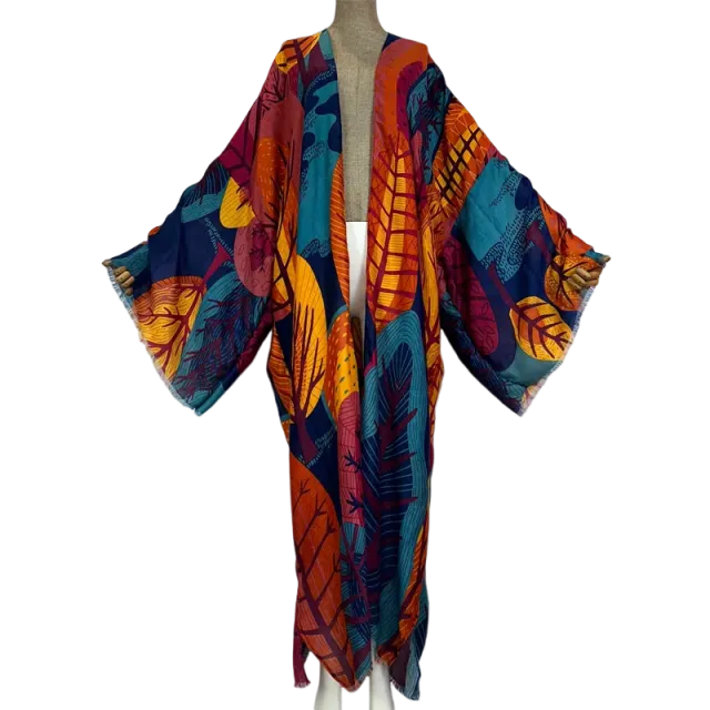 Pre Order: Vibrant Leaf Print Kimono Cardigan - WINI