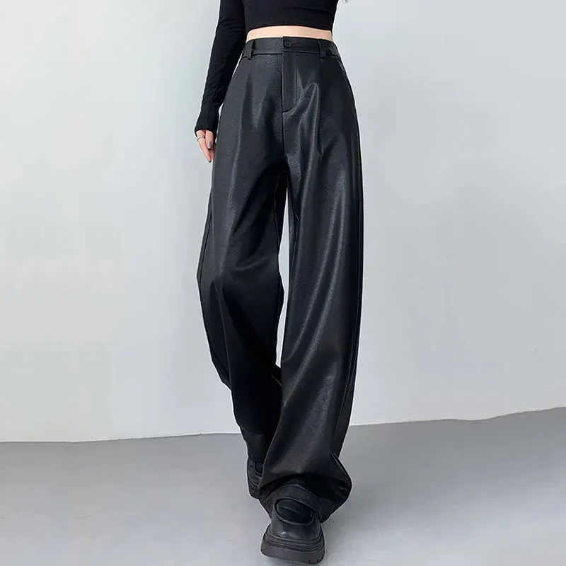 PU Leather Personality Loose Straight-Leg Casual Spring Autumn Fashion Pants