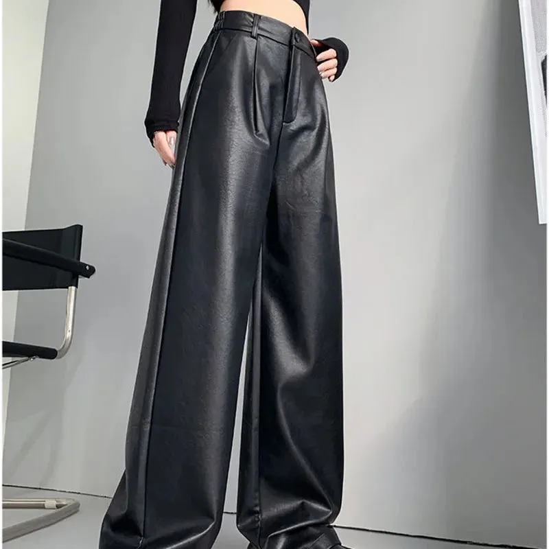 PU Leather Personality Loose Straight-Leg Casual Spring Autumn Fashion Pants