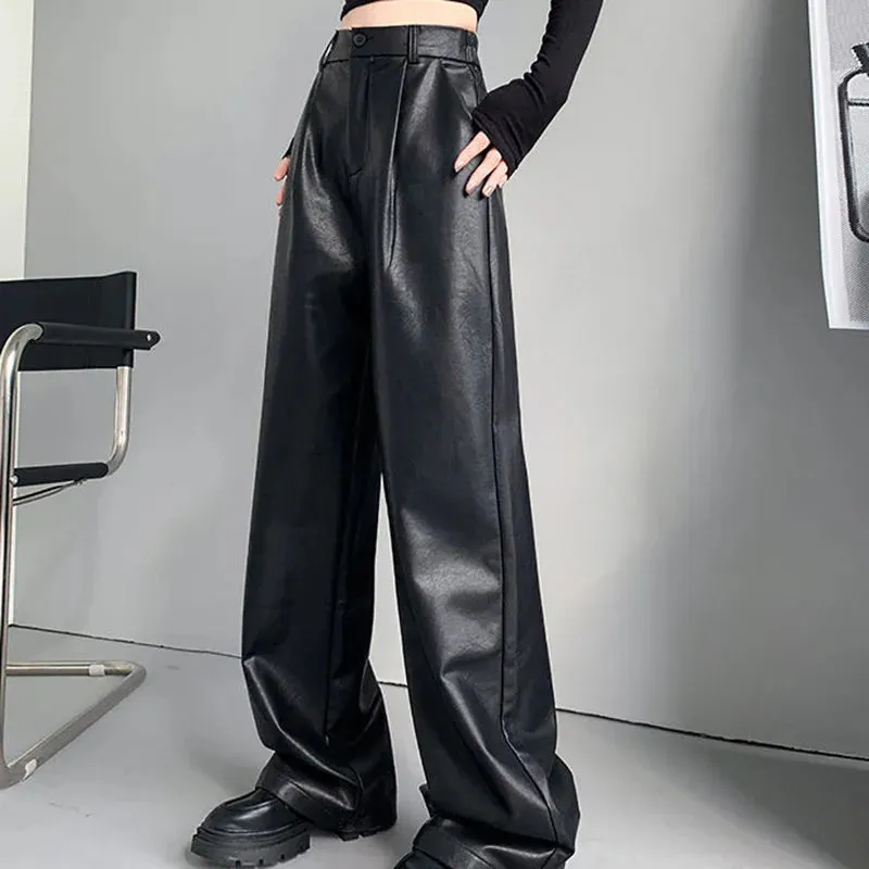 PU Leather Personality Loose Straight-Leg Casual Spring Autumn Fashion Pants