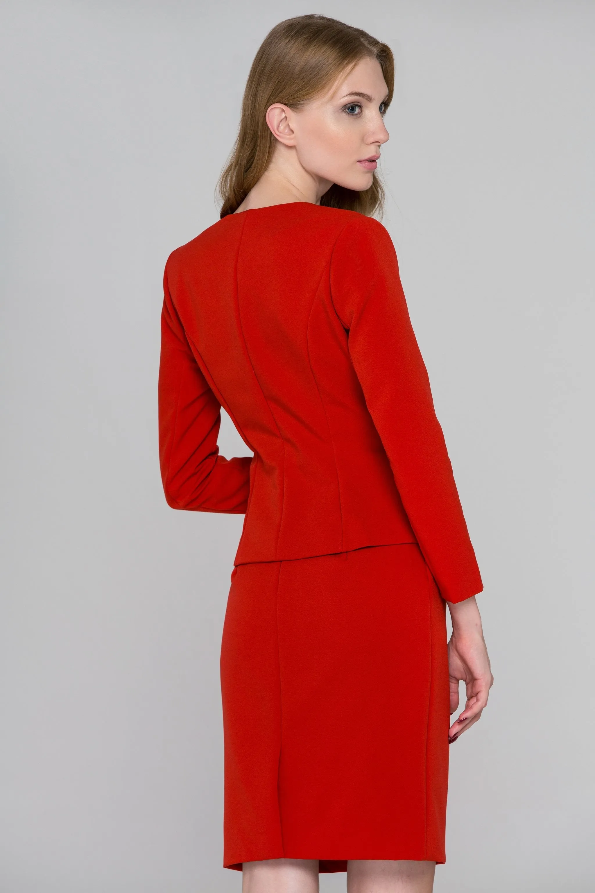 Red Reverse Notched collar Blazer and Skirt Set