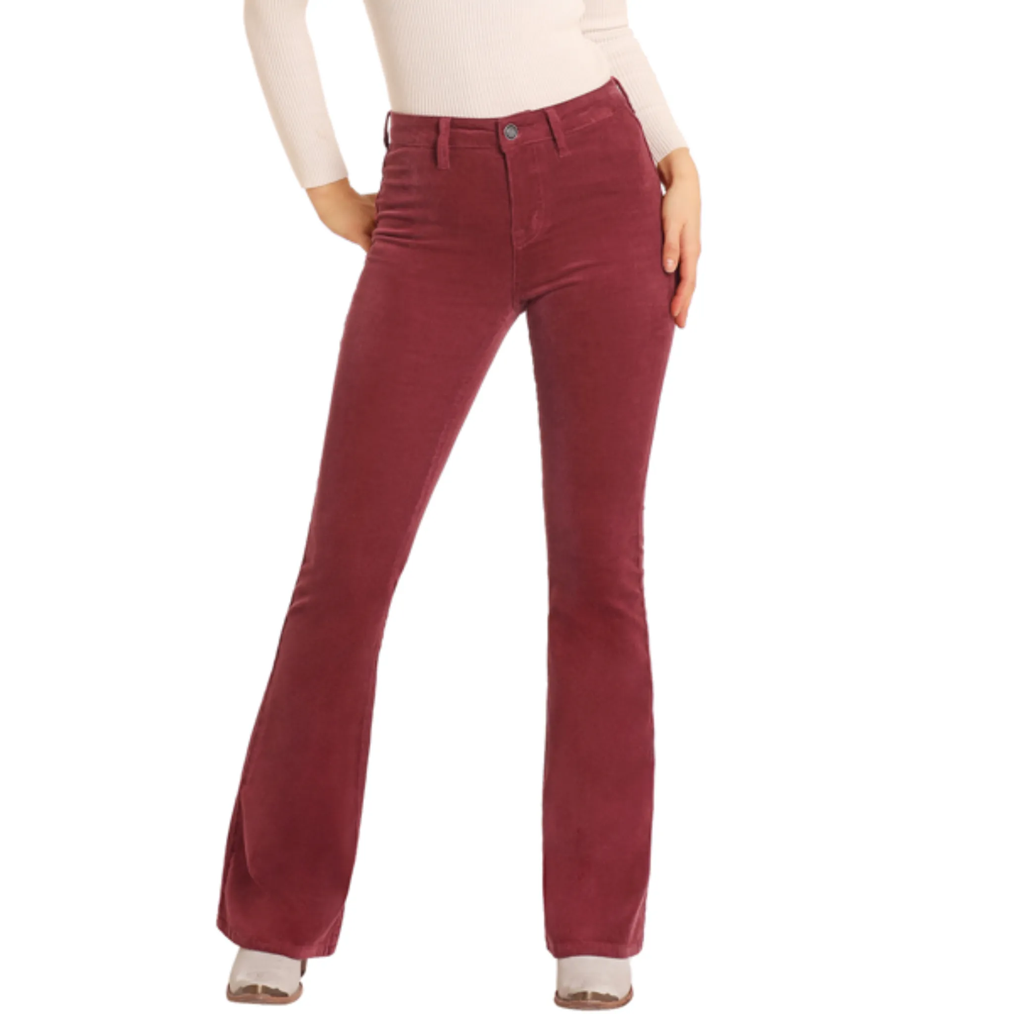 ROCK & ROLL WOMEN'S MAROON CORDUROY BUTTON FLARE JEAN - BW6PD05307