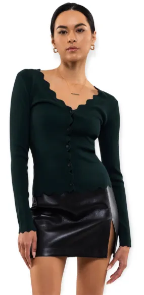 Scalloped Edge Cable knit Cardigan- Hunter Green