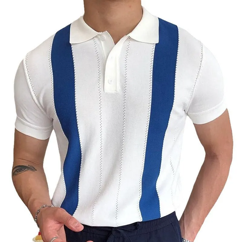 Short sleeved knitted sweater with white stripes slim fit business POLO shirt