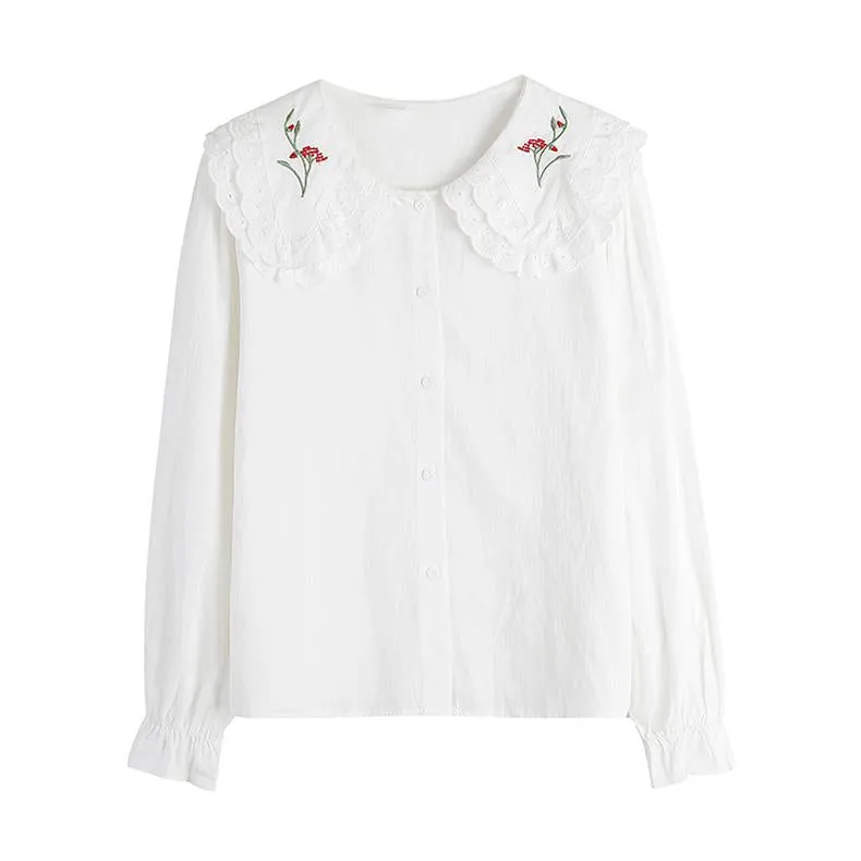 Simplicity Anti-Aging Embroidery Loose Fit Long Sleeve Blouse