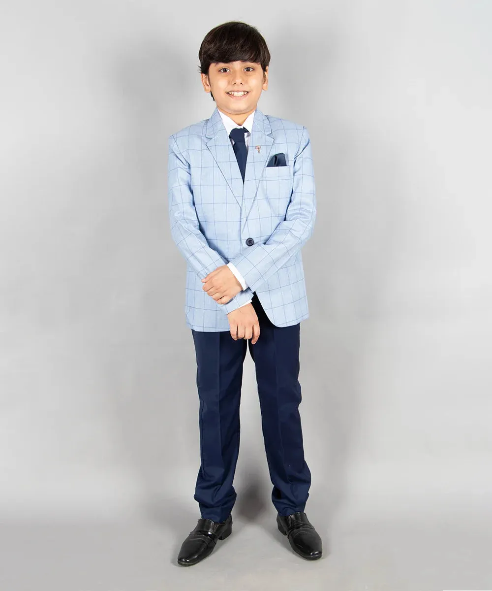 Sky Blue Check Blazer - Navy Waistcoat and Pant - Complete Coat Suit Set