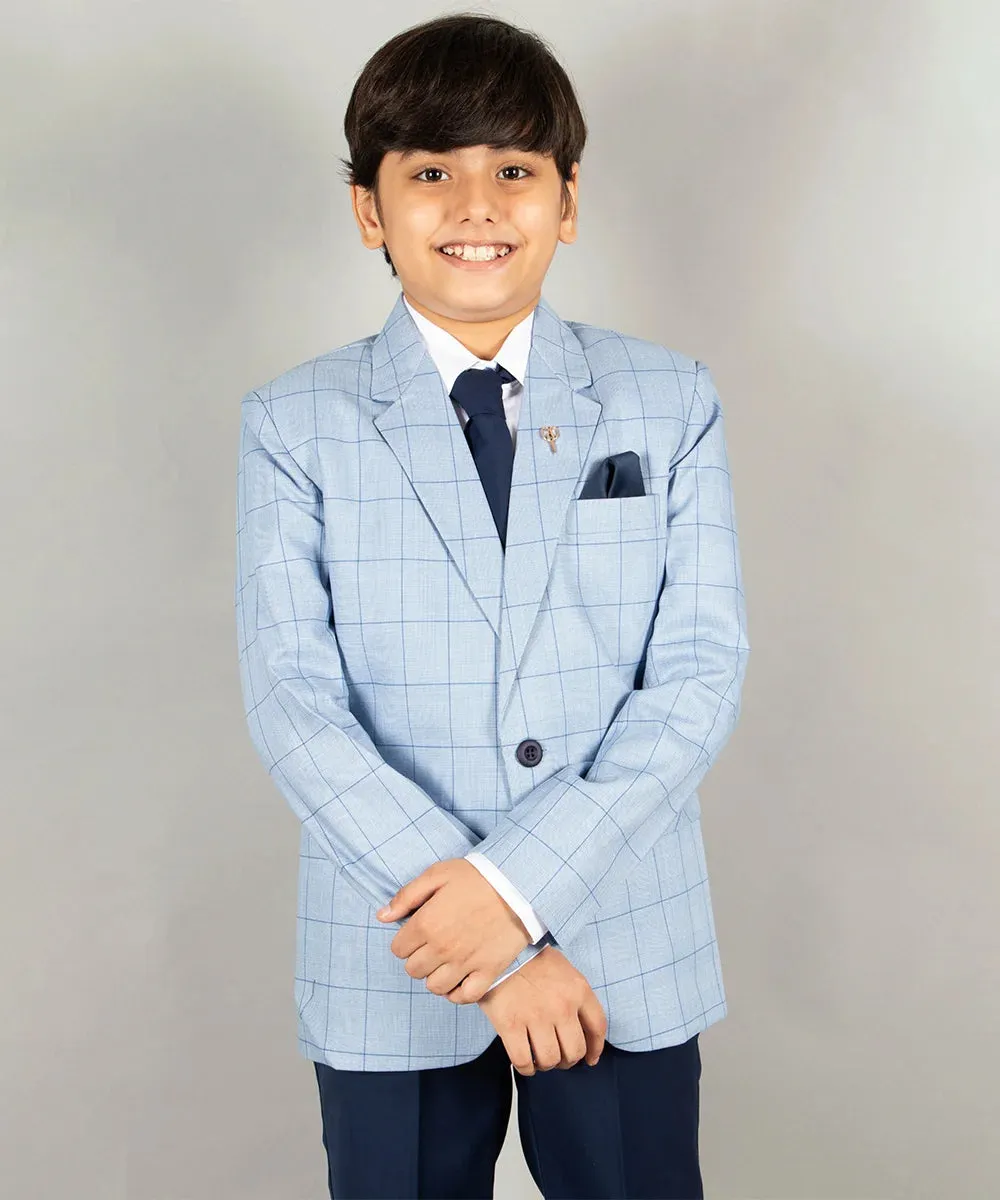 Sky Blue Check Blazer - Navy Waistcoat and Pant - Complete Coat Suit Set