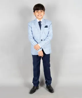 Sky Blue Check Blazer - Navy Waistcoat and Pant - Complete Coat Suit Set