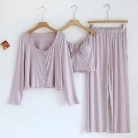 Solid Tank and Long Pants with Cardigan Pajama Set / Purple