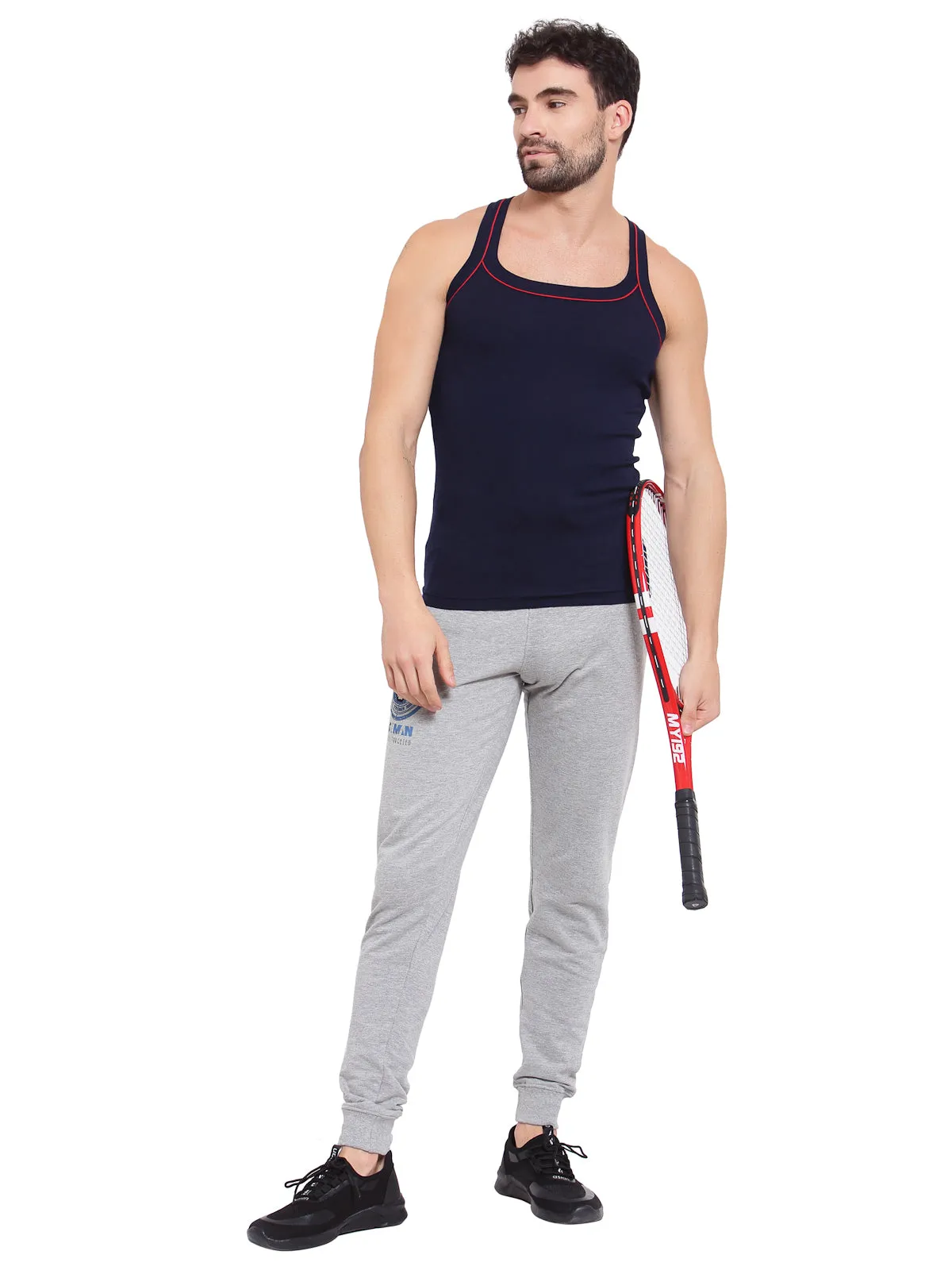 Sporto Men's 100% Cotton Gym Vest with Contrast Piping - Navy