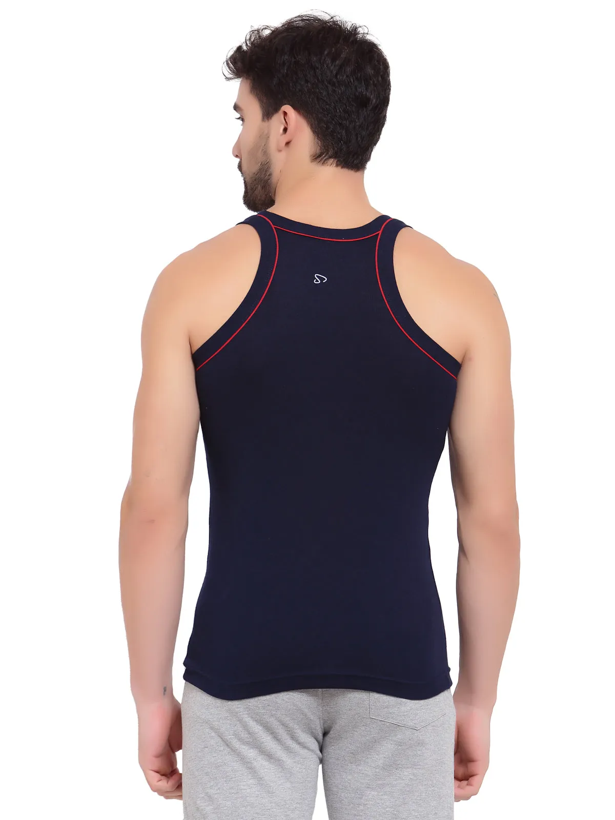 Sporto Men's 100% Cotton Gym Vest with Contrast Piping - Navy