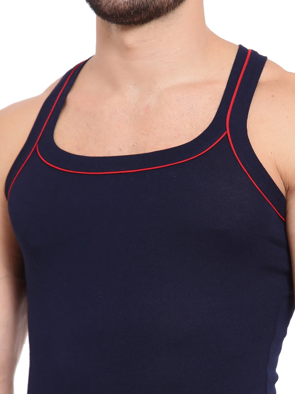 Sporto Men's 100% Cotton Gym Vest with Contrast Piping - Navy