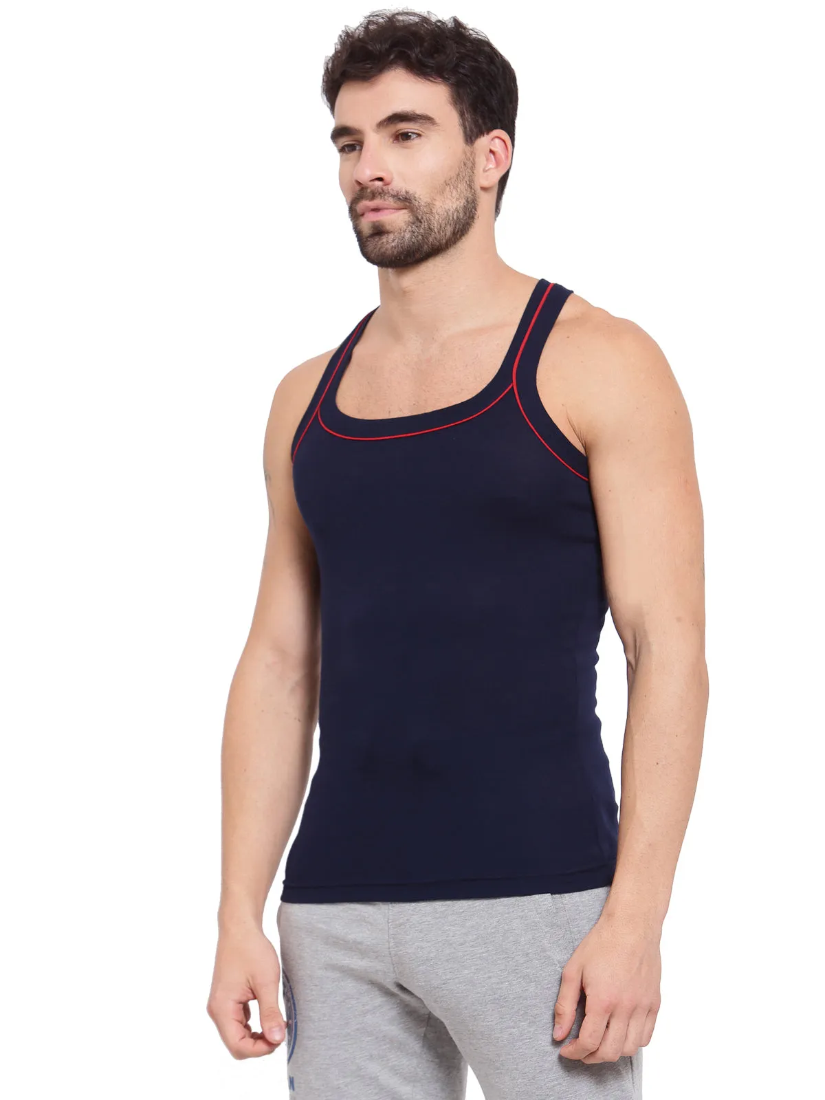 Sporto Men's 100% Cotton Gym Vest with Contrast Piping - Navy