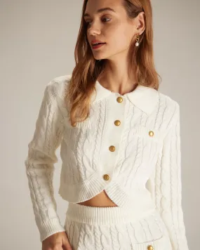 The White Lapel Ribbed Button Cable Cardigan