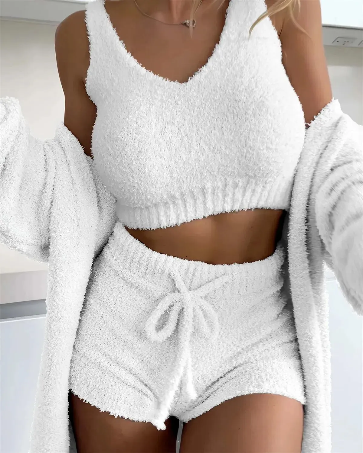 Thermal Three-piece Fluff Coat Spaghetti Strap Short Top Shorts Outfit Set