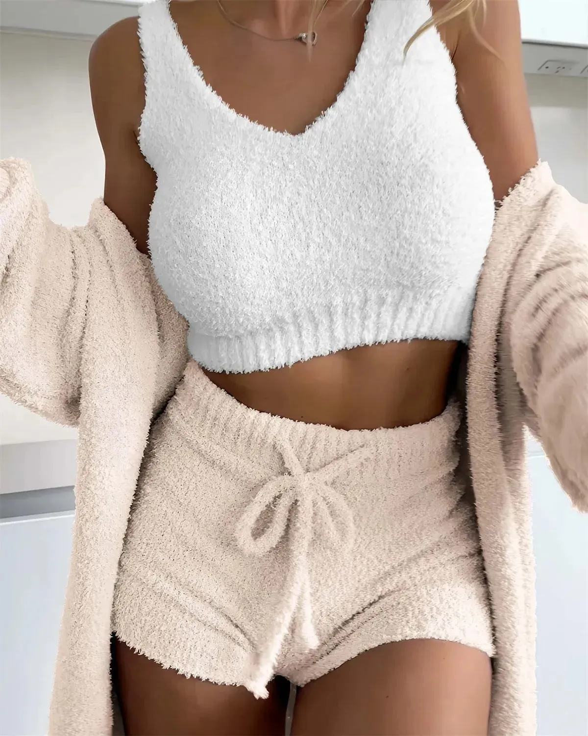 Thermal Three-piece Fluff Coat Spaghetti Strap Short Top Shorts Outfit Set