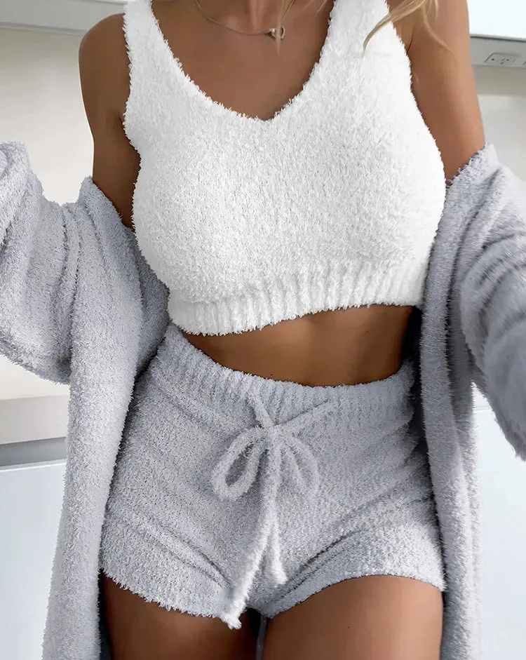 Thermal Three-piece Fluff Coat Spaghetti Strap Short Top Shorts Outfit Set