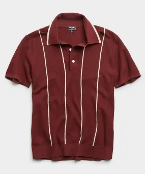 Tipped Wide Stripe Mesh Polo Sweater in Burgundy