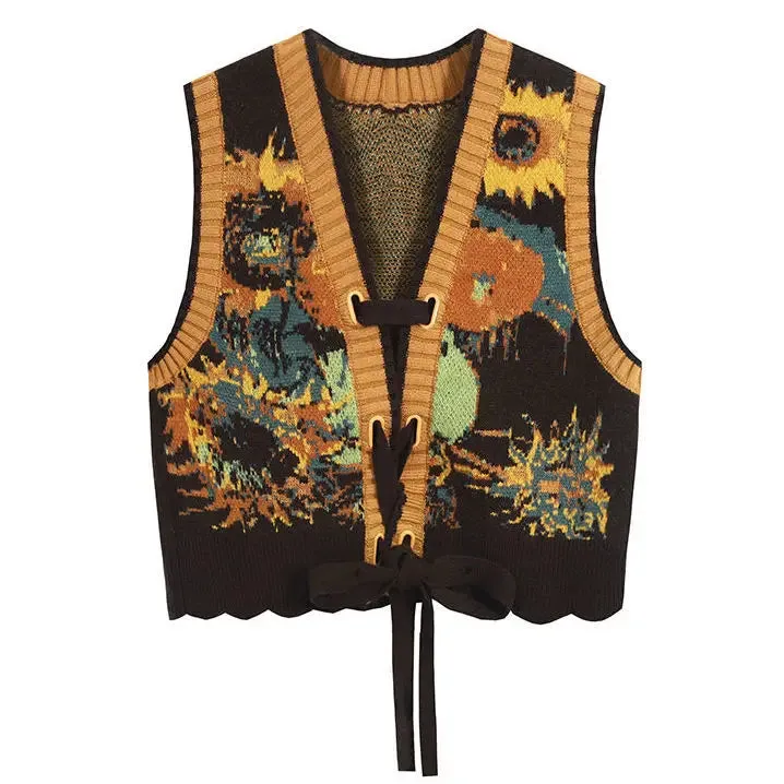 Van Gogh Sunflowers Folk Style Artist Sweater Vests Knitted Reversible Clothes