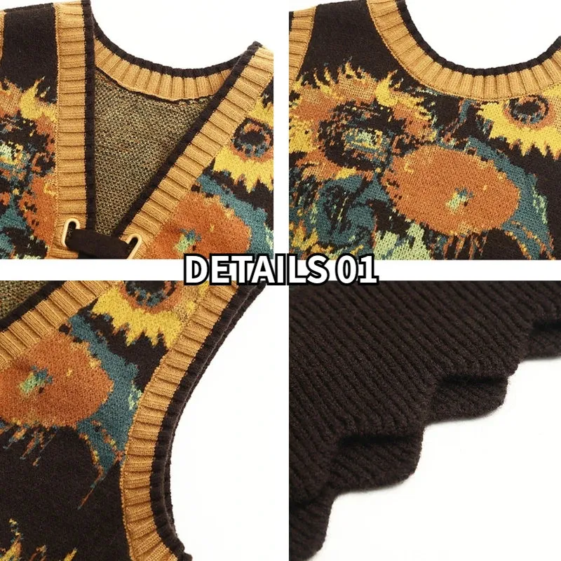 Van Gogh Sunflowers Folk Style Artist Sweater Vests Knitted Reversible Clothes