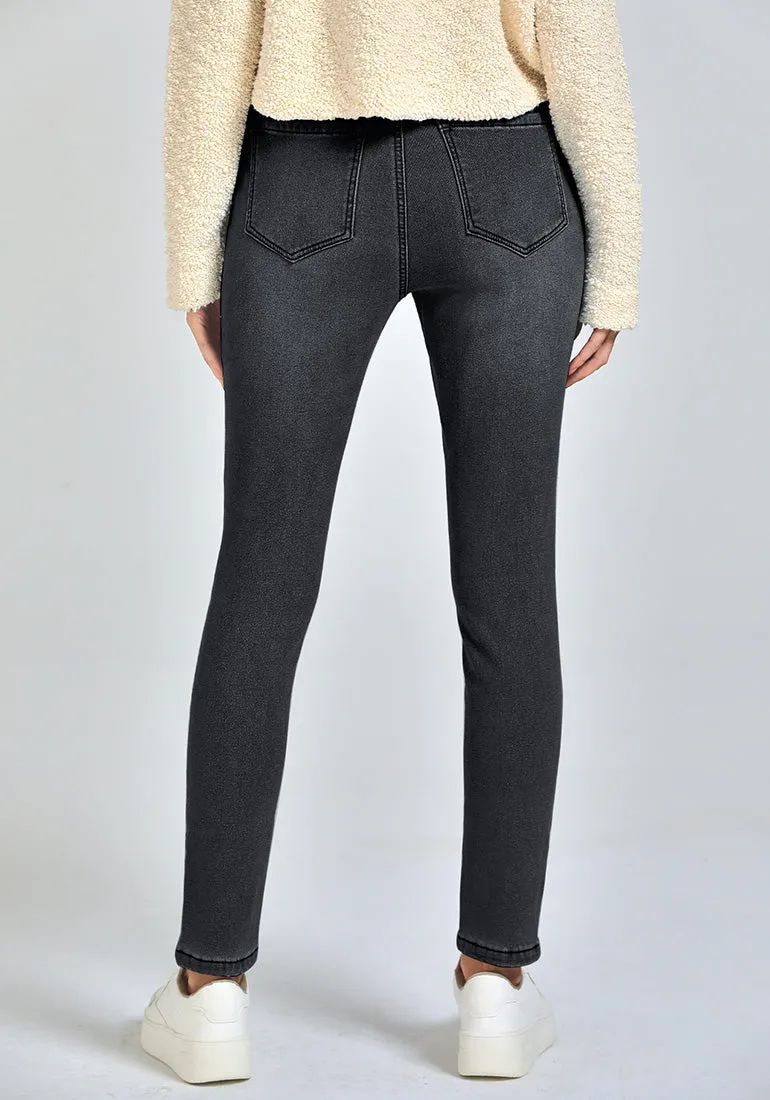 Washed Black Women's High Waisted Fleece Lined Thermal Skinny Denim Pants