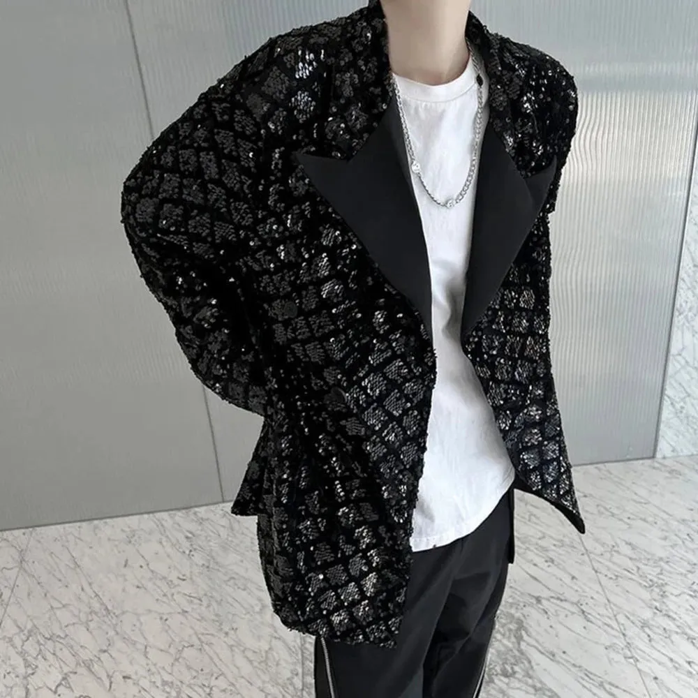 Wiaofellas Men Sequin Vintage Fashion Blazers New Loose Casual Suit Blazer Male Nightclub Stage Show Clothing Korean Streetwear Jacket Coat