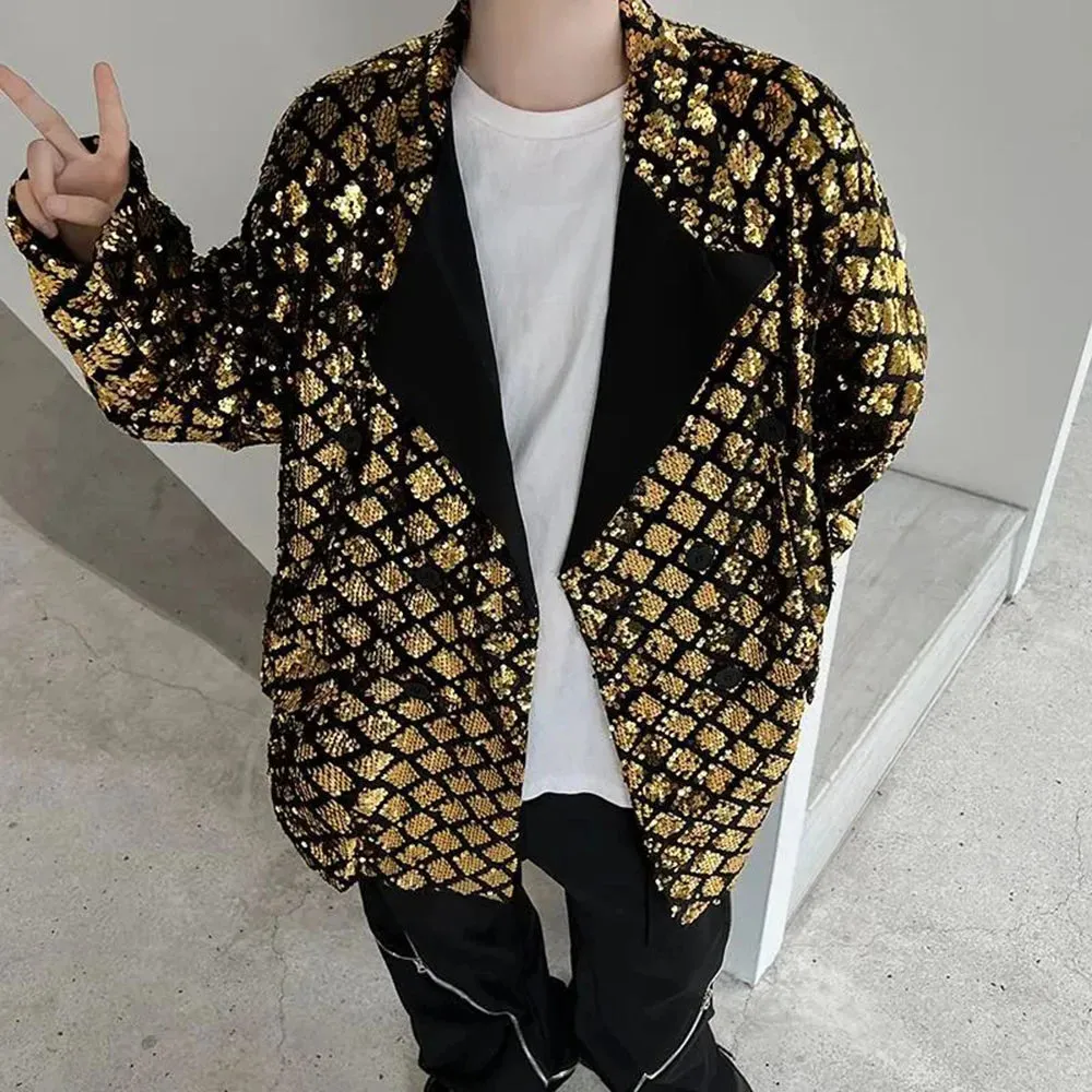 Wiaofellas Men Sequin Vintage Fashion Blazers New Loose Casual Suit Blazer Male Nightclub Stage Show Clothing Korean Streetwear Jacket Coat