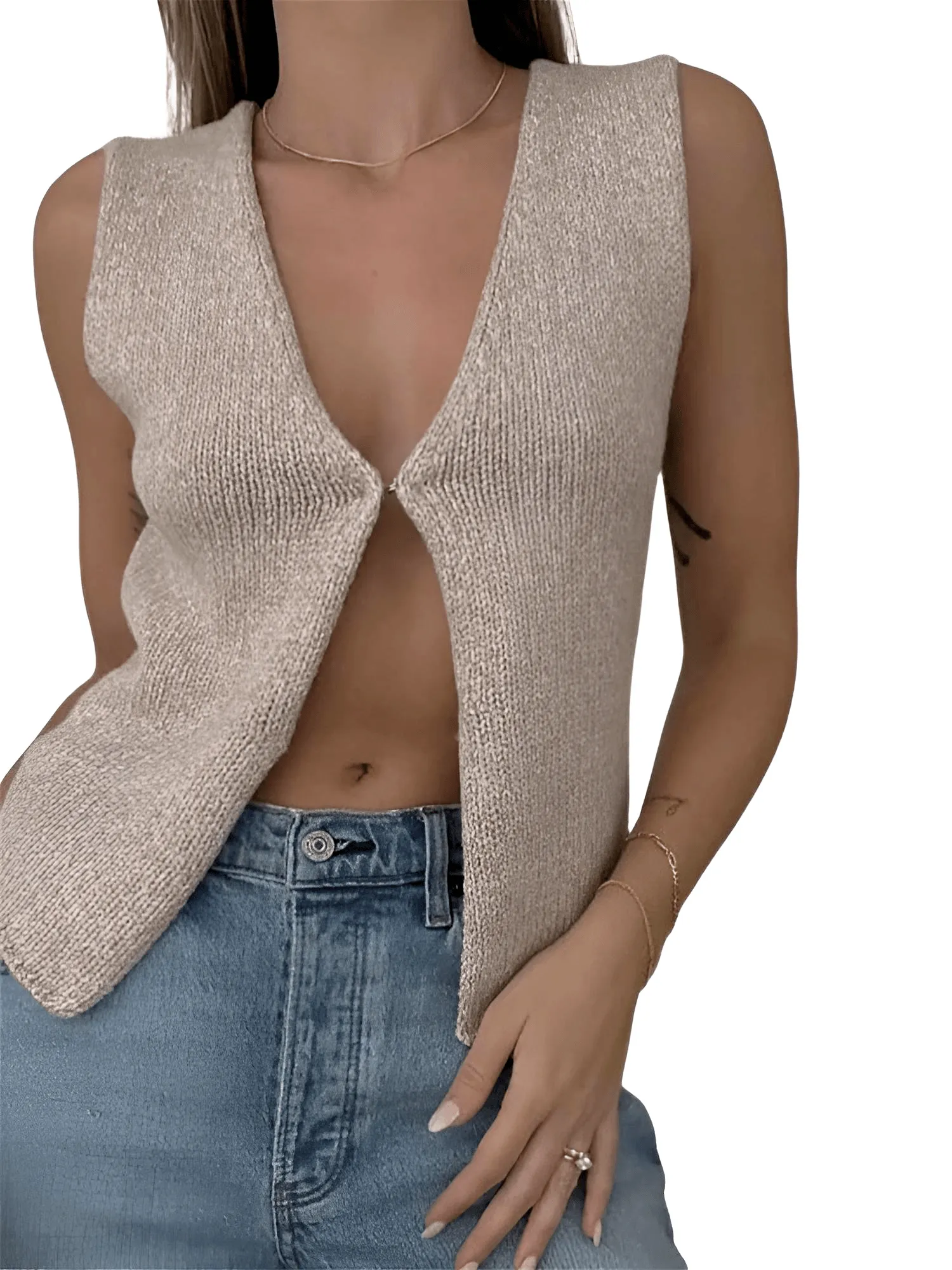 Women's Knitted Sweater Vest Tops Casual Retro Chic Sleeveless V-Neck Button-Up Vest