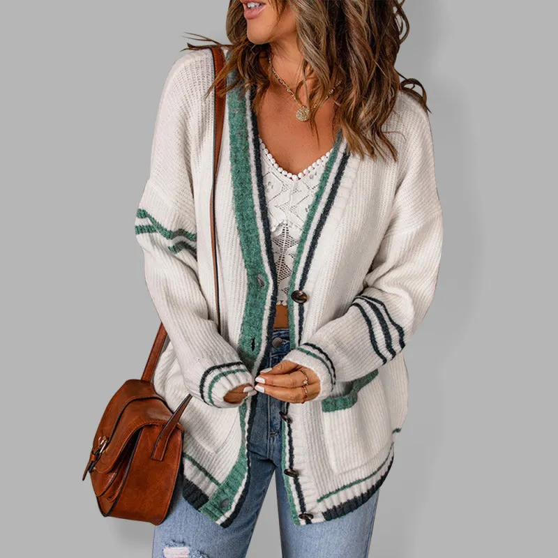 Women's Stripe Edge Cable Knit V-Neck Cardigan With Pockets