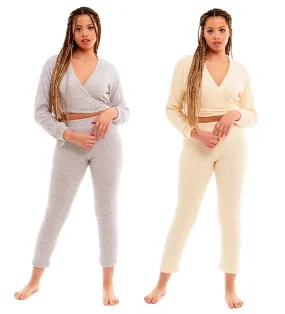 Women's Ultra-Soft Teddy Fleece Loungewear Set with Wrap Top and Stretch Pants Ideal for Lounge and Nightwear by Daisy Dreamer